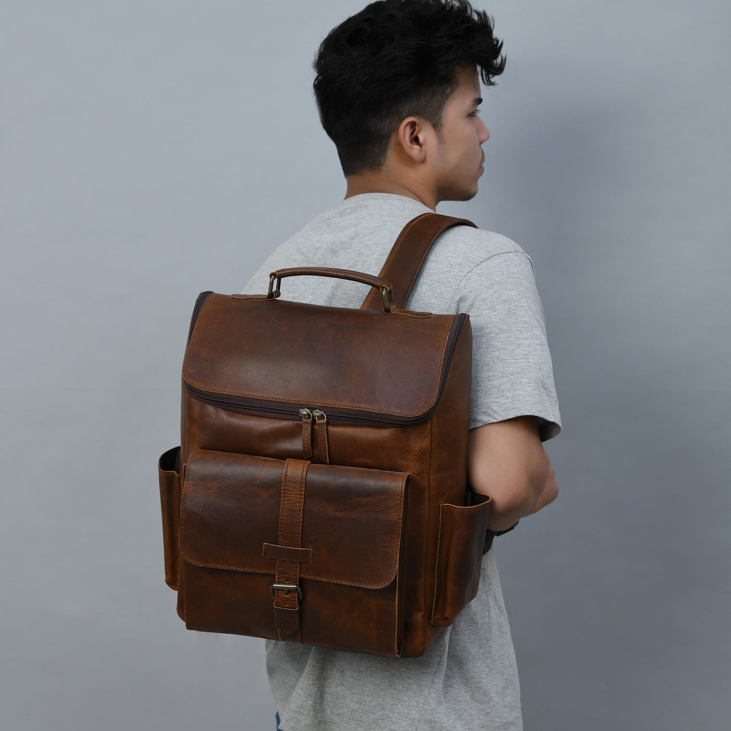 Full Grain 16-inch Leather Backpack | Rucksack Bag with Padded Laptop Compartment & Adjustable Strap (Bourbon Brown)