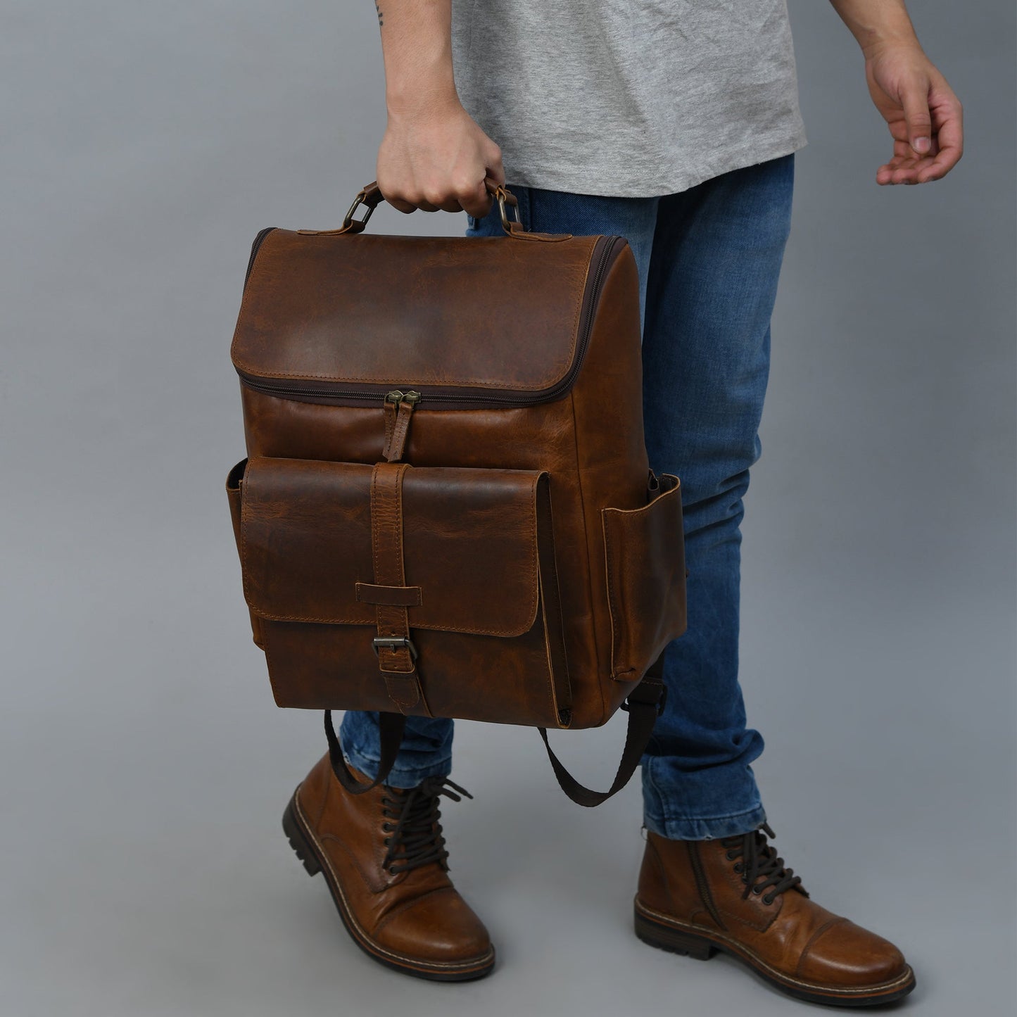 Full Grain 16-inch Leather Backpack | Rucksack Bag with Padded Laptop Compartment & Adjustable Strap (Bourbon Brown)