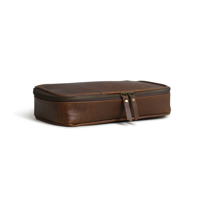 Top Grain Leather Toiletry Bag for Men with Water Resistant & Dual Metal Zipper (Bourbon Brown)