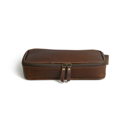 Top Grain Leather Toiletry Bag for Men with Water Resistant & Dual Metal Zipper (Bourbon Brown)