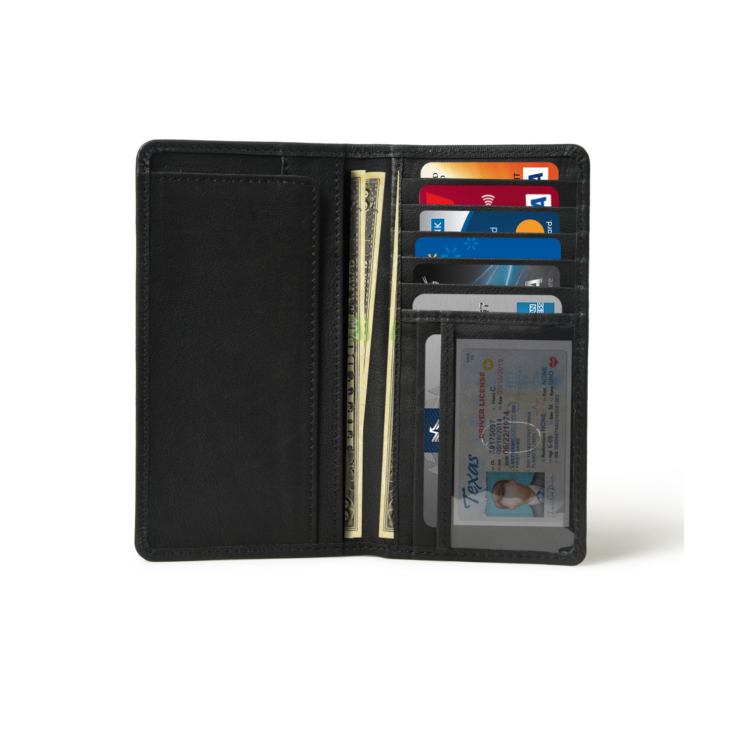 Long Bifold Full Grain Leather Wallet for Men with 11 Compartments - 2 Cash Compartments, 1 Sleeve for Checkbook, 7 Credit Card Slots & 1 ID card slot (Black)