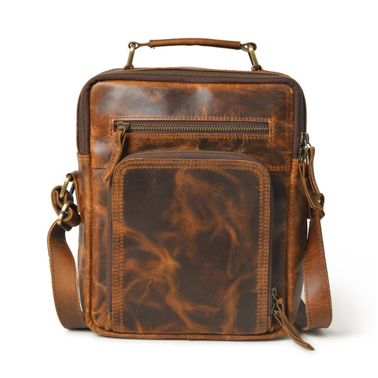 Men's Premium Leather Crossbody Bag with 5 Zipper Pockets