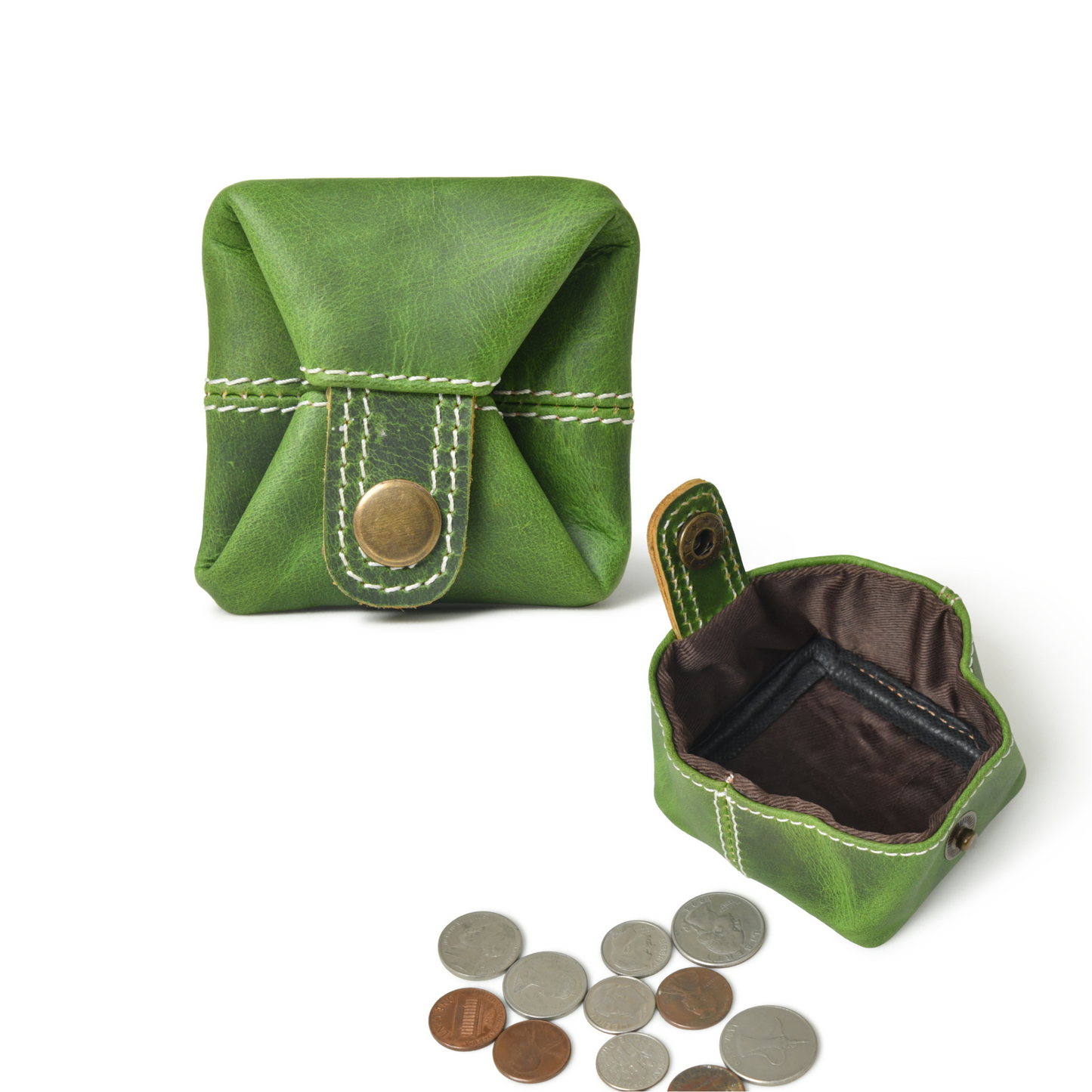 Slim Full Grain Leather Green Mini Coin Pouch for Men Women