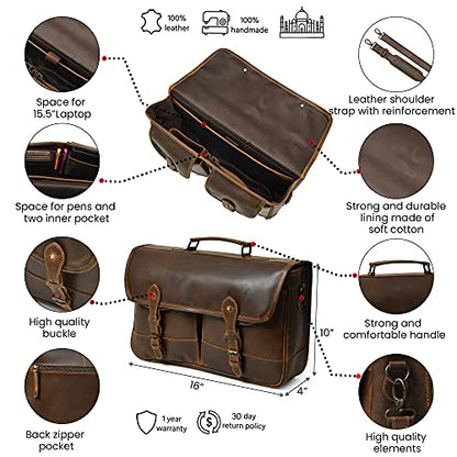 Classic Handcrafted Premium Leather Laptop Bag with Adjustable Shoulder Strap - 15.5"