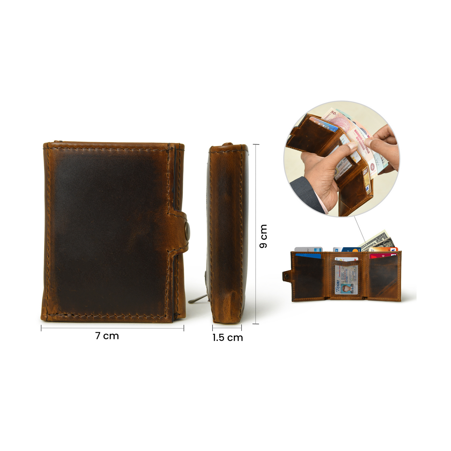 Full-Grain Leather Slim Trifold Wallet for Men with 6 Card Slots, Compartments for Cash, Secure Zipper & Snap Closure