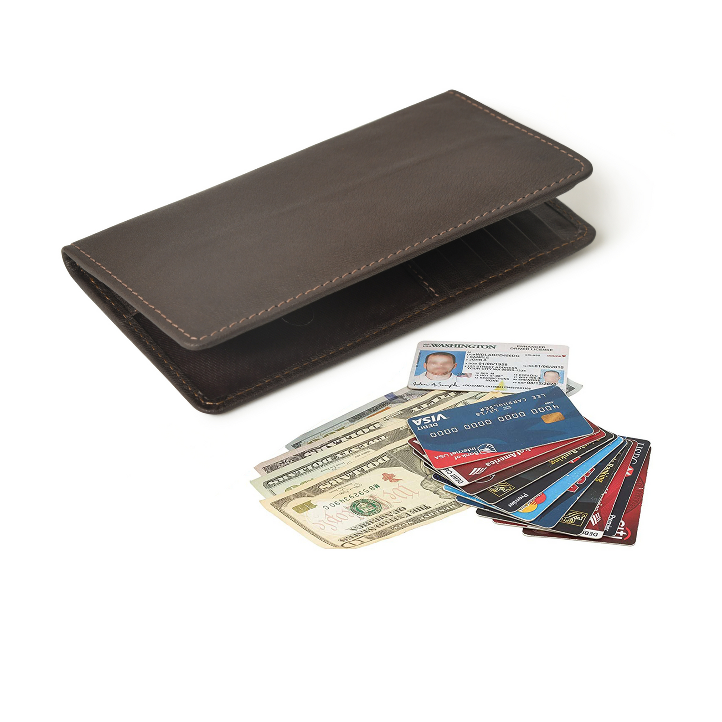 Men's Bifold Genuine Leather Long Wallet for Checkbook, Cards and Cash Holder