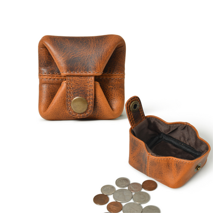 Slim Full Grain Leather Cinnamon Mini Coin Pocket for Men Women