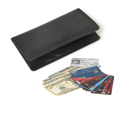 Long Bifold Full Grain Leather Wallet for Men with 11 Compartments - 2 Cash Compartments, 1 Sleeve for Checkbook, 7 Credit Card Slots & 1 ID card slot (Black)