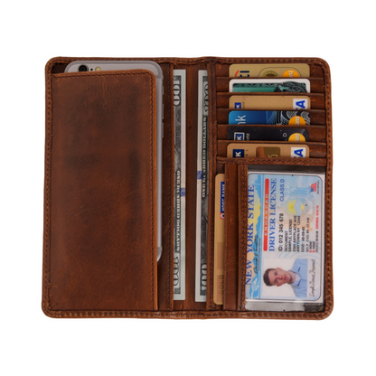 Long Bifold Top-Grain Leather Wallet for Men with 11 Compartments - 2 Cash Compartments, 1 Sleeve for Checkbook, 7 Credit Card Slots & 1 ID card slot (Brown)