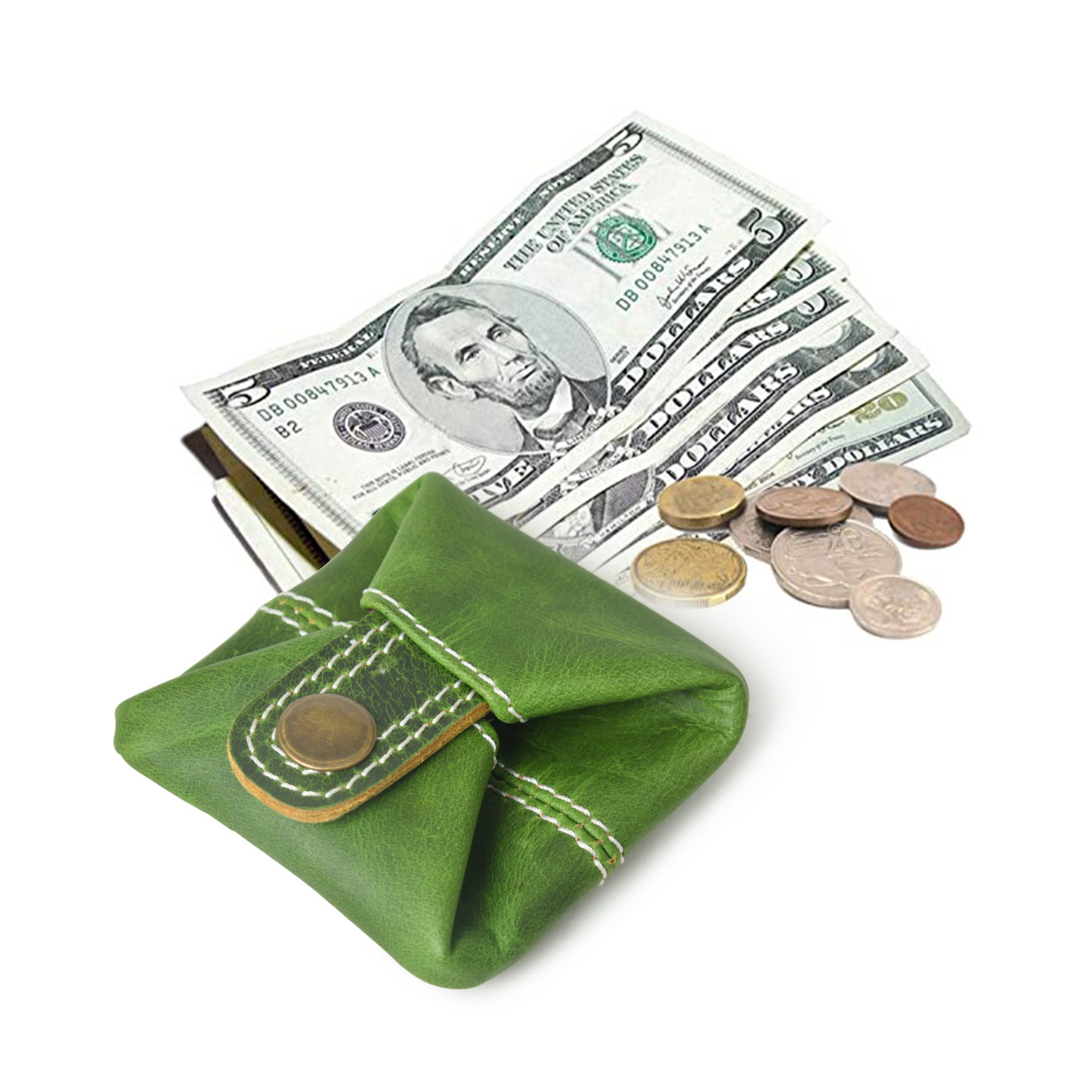 Slim Full Grain Leather Green Mini Coin Pouch for Men Women