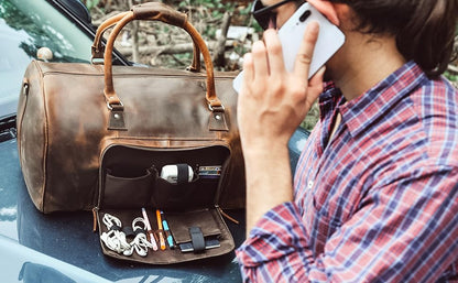 Paris Weekender Top Grain Leather Duffel Bag with Multiple Pockets