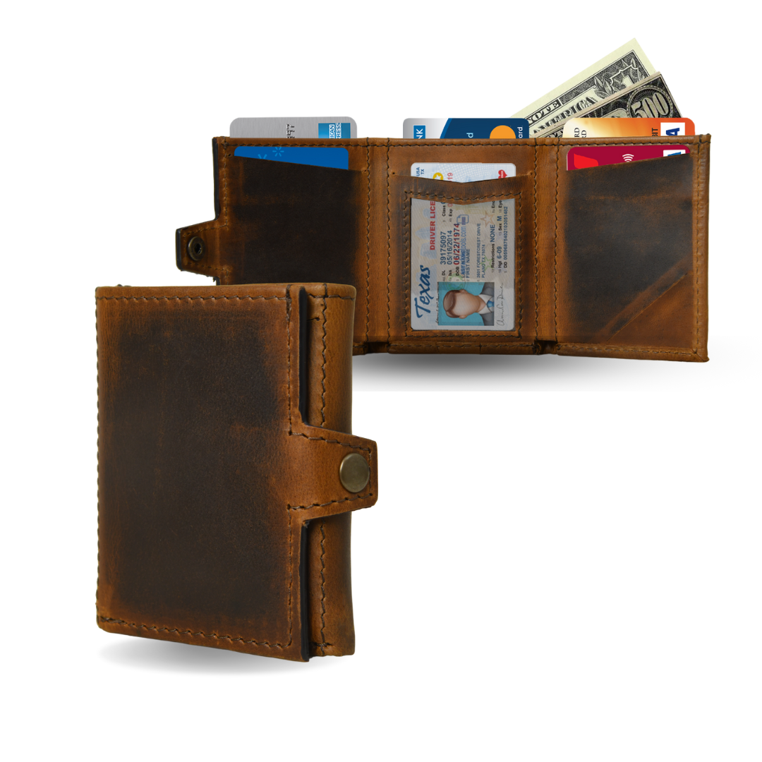 Full-Grain Leather Slim Trifold Wallet for Men with 6 Card Slots, Compartments for Cash, Secure Zipper & Snap Closure