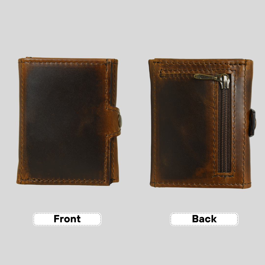 Full-Grain Leather Slim Trifold Wallet for Men with 6 Card Slots, Compartments for Cash, Secure Zipper & Snap Closure